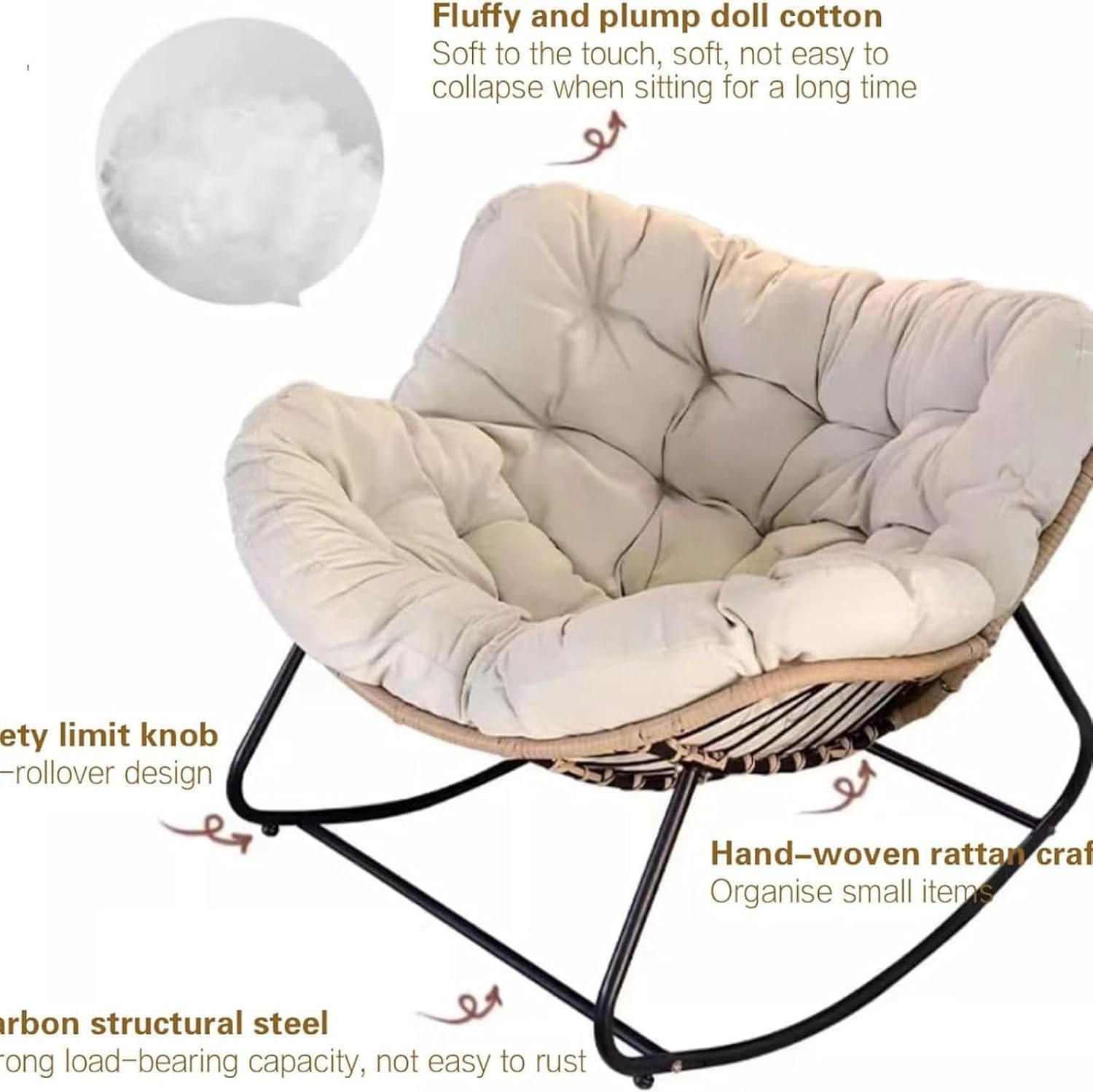 Oversized Outdoor Rocking Chair with Padded Cushion - Modern Egg Shape Rattan ChairMetal Frame Ideal for Patio Garden & Indoor Relaxation (Green)