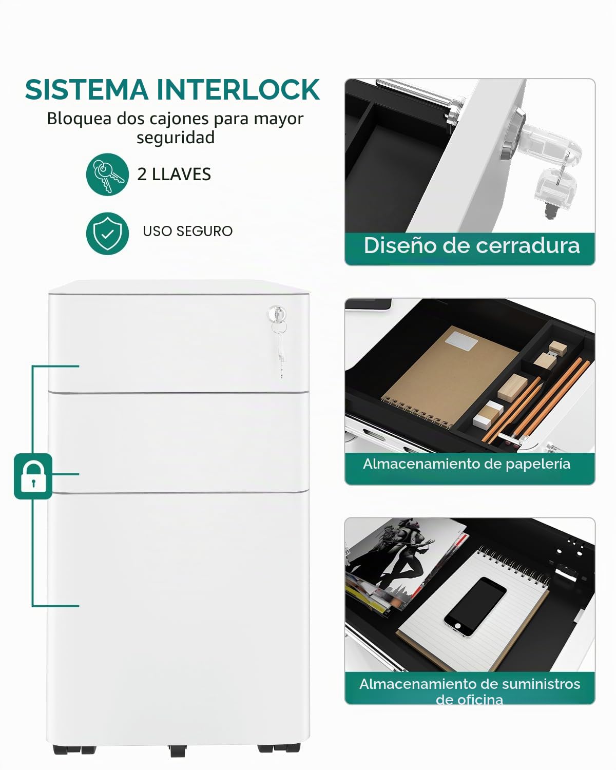 YITAHOME Cajonera de Oficina con 3 Cajones, Armario Archivador Metalico con Ruedas, Móvil Mueble Oficina Archivador con Cerradura y Llave para Carta/A4, Blanco, 46 x 30 x 59cm