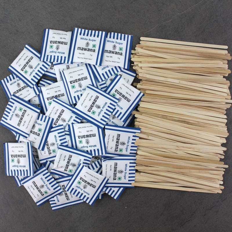 Image of Mawana White Sugar Sachets 5g Each | Pack of 50 | Hygienic Single-Serve Sugar for Tea & Coffee | Stirr Stick 50