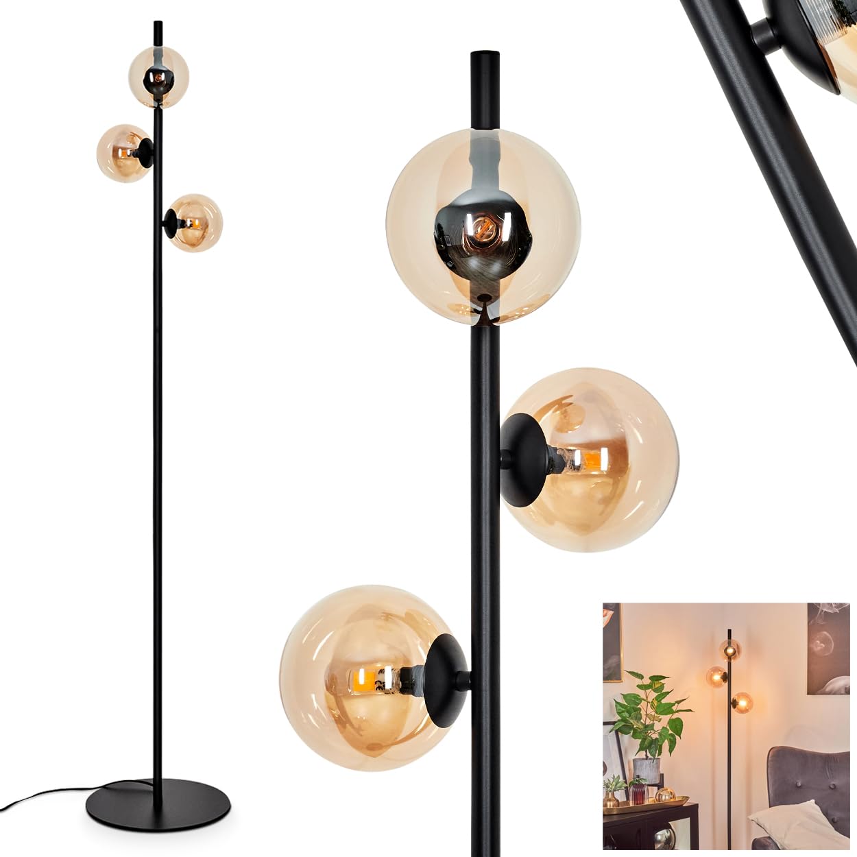 Stehleuchte Remaisnil, moderne Stehlampe aus Metall/Glas in Schwarz/Bernsteinfarben, Standleuchte mit Schirmen aus Glas (Ø 12 cm), mit Fußschalter am Kabel, 3 x G9, ohne Leuchtmittel
