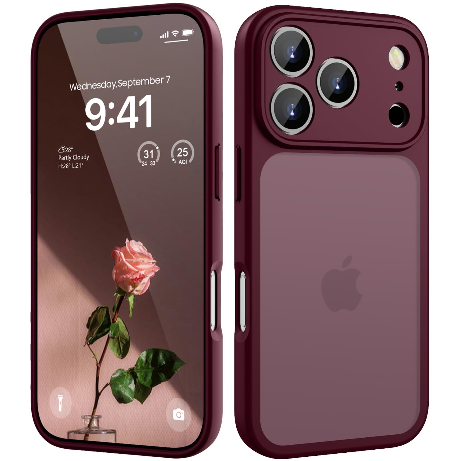 HGH für iPhone 17 Pro Hülle, Vollständiger Kameraschutz Stoßfest Kratzfest Anti-Fingerabdruck Transluzente Rückseite Matt Handyhülle für iPhone 17 Pro Case 6,3 Zoll, Dunkel Rot
