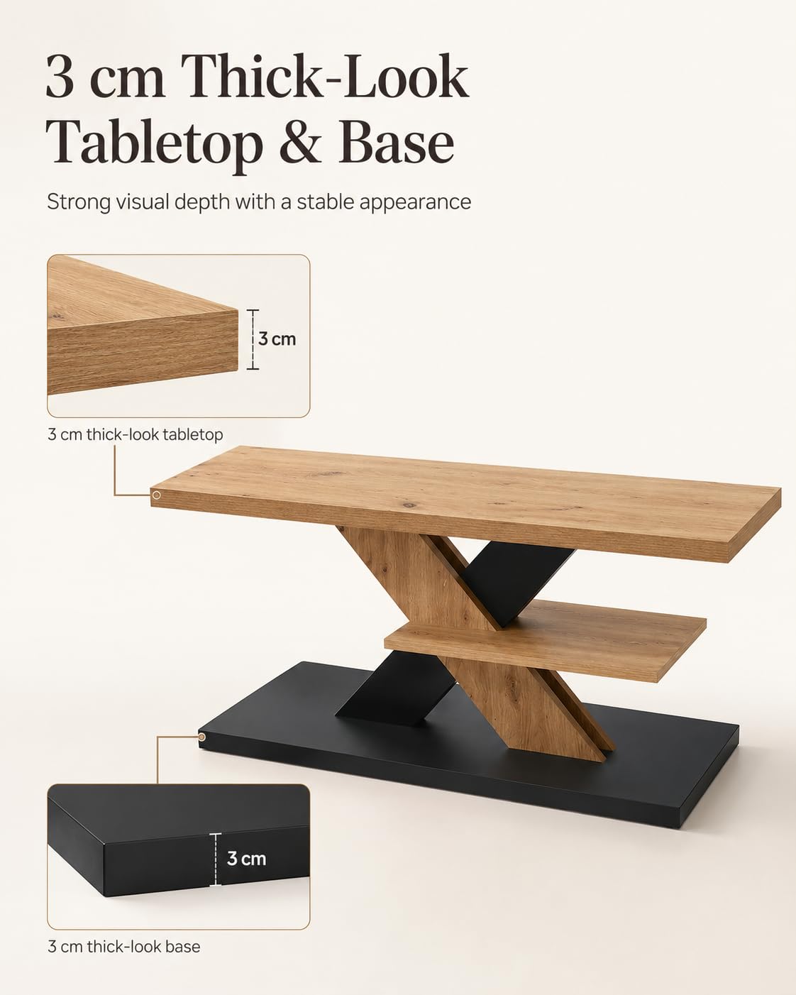 Mesa de centro de madera de roble negro, 100 x 50 x 45 cm, mesa de salón, rectangular, moderna, con estante, espacio de almacenamiento, diseño Z, mesa de salón para sofá