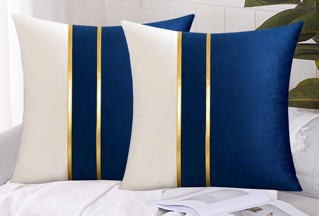 HIMS Velvet Sofa Pillow Cover Set of 2, Cushion Covers 14 inch x 14 inch for Cushion Covers Decor Living Room Sofa Bedroom Car (Navy Blue/White, 14x14 Inch)