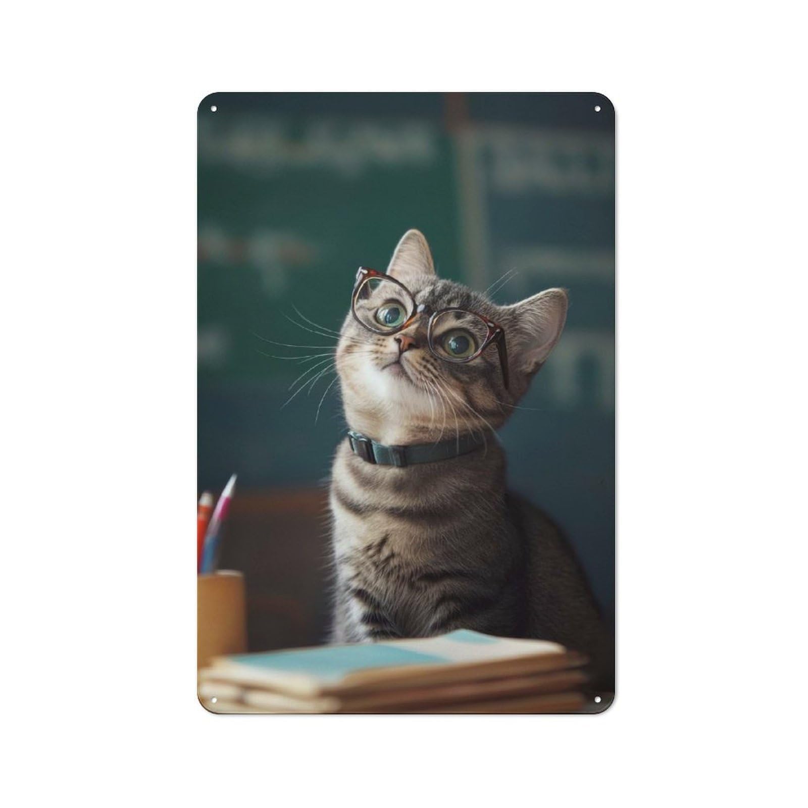 Tin Wall Plaque 30x20cm with Cat in Glasses Studying for Man Cave Or Games Room, A Housewarming Gift for Leisure-room Decor Enthusiasts