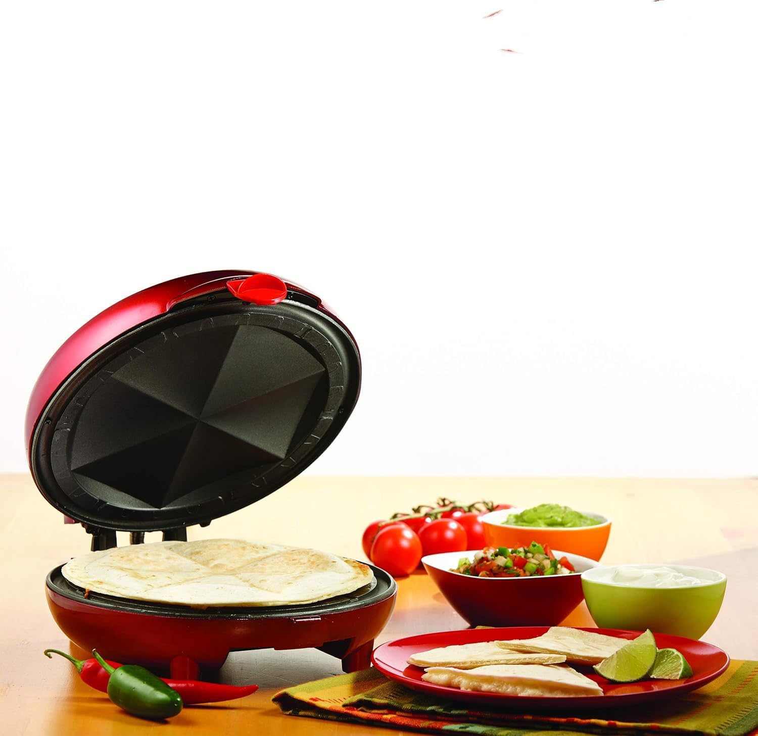 8-Inch Electric Quesadilla Maker – Non-Stick Quesadilla Press with Drip Tray, Sectional Plates & Upright Storage – Red