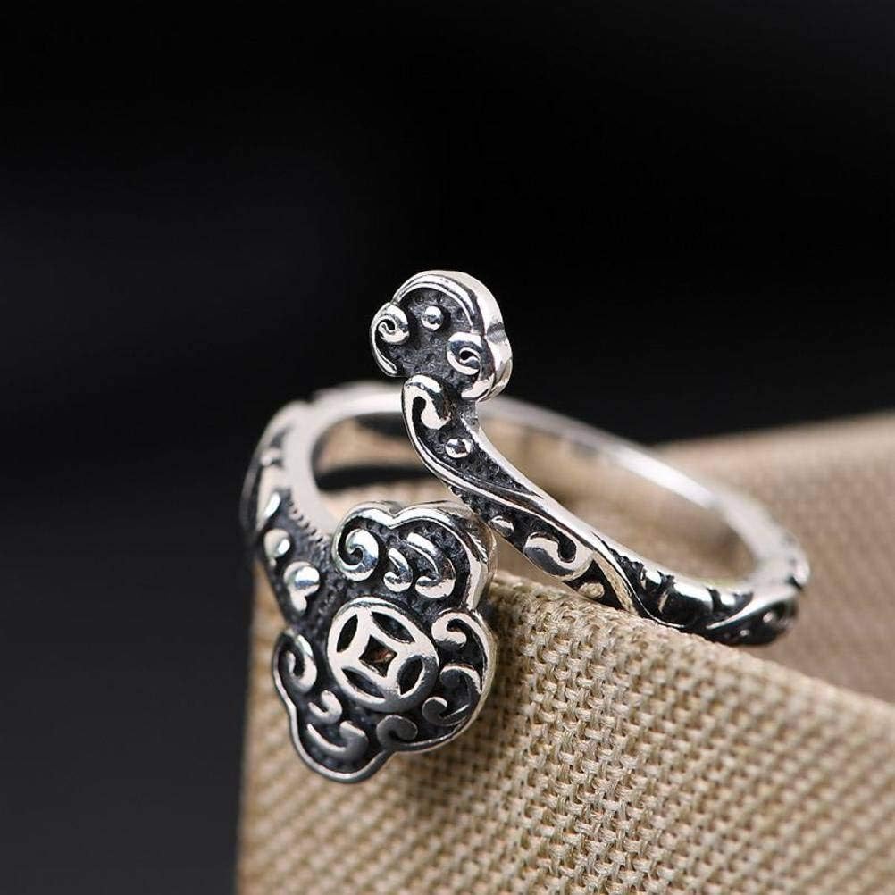 TKHP Men's Ring, Chinese Style Ring Jewelry Women's Fashion Tangcao Ruyi Pattern Adjustable Split Ring S925 Sterling Silver Ring Thai Silver Ring Vintagering