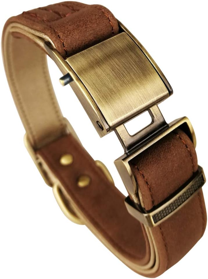 chede Basic Classic Luxury Padded Leather Dog Collar,The Seatbelt Buckle,for Large Medium Pets (XL, Brown)