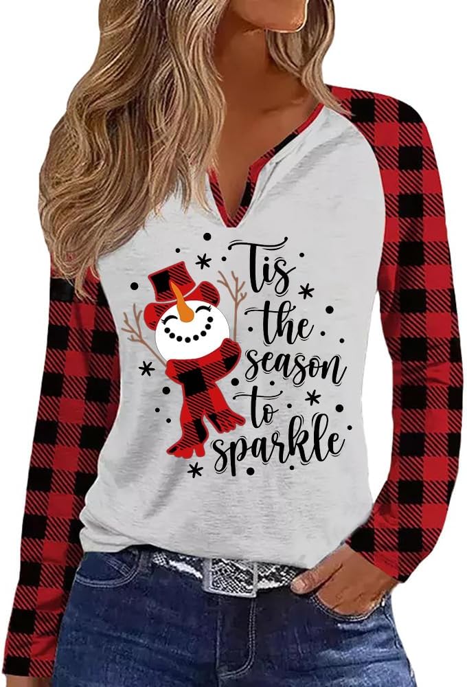EarlymembChristmas Snowflake V Neck Shirt for Women Funny Xmas Buffalo Plaid Long Sleeve Graphic Tee Holiday Family Party Winter Tops