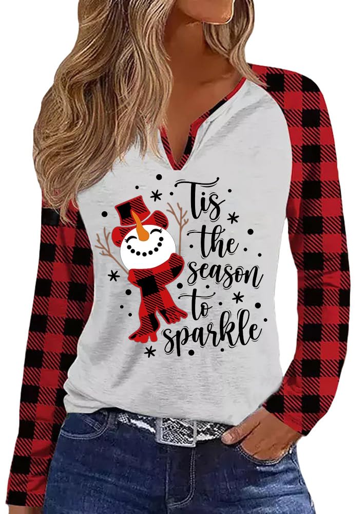 EarlymembChristmas Snowflake V Neck Shirt for Women Funny Xmas Buffalo Plaid Long Sleeve Graphic Tee Holiday Family Party Winter Tops