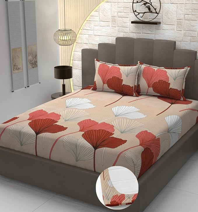 Image of Premium Cotton Feel Glace Cotton 210 Tc Elastic Fitted Bedsheets with 2 Pillow Covers Double Bed with Corner Elastic Floral Pattren |Size-72X68+ 6 Inches Homes 1193