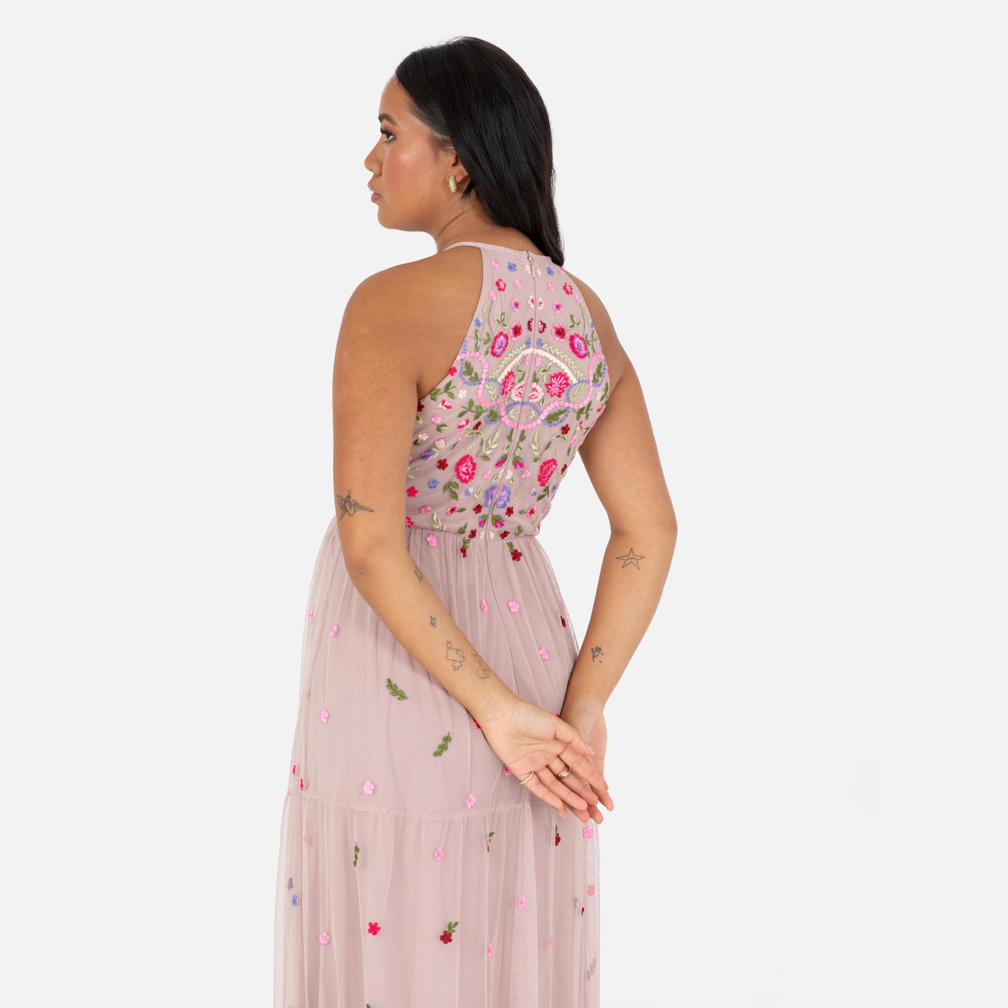 Maya Deluxe Abito Maxi da Donna, Senza Maniche, con Scollo A V, Motivo Floreale, Linea A, per Matrimoni, Feste, Gown NAN