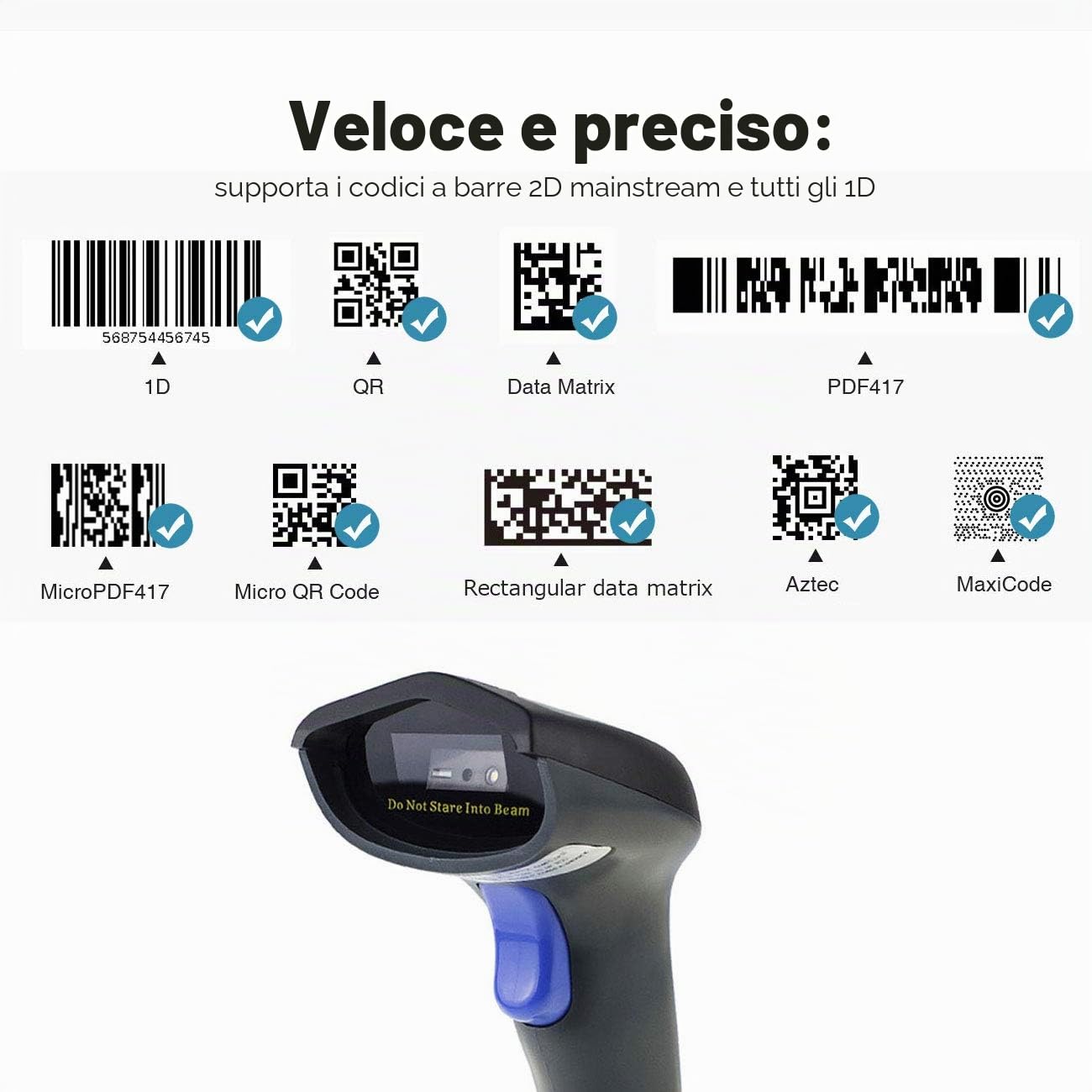 W8-X Lettore Codici a Barre 2D (2,4 G wireless e Bluetooth e cavo USB) Barcode Scanner con QR PDF417 DataMatrix Maxicode per telefoni cellulari, Android,iOS,ipad,PC,Windows,MAC OS.