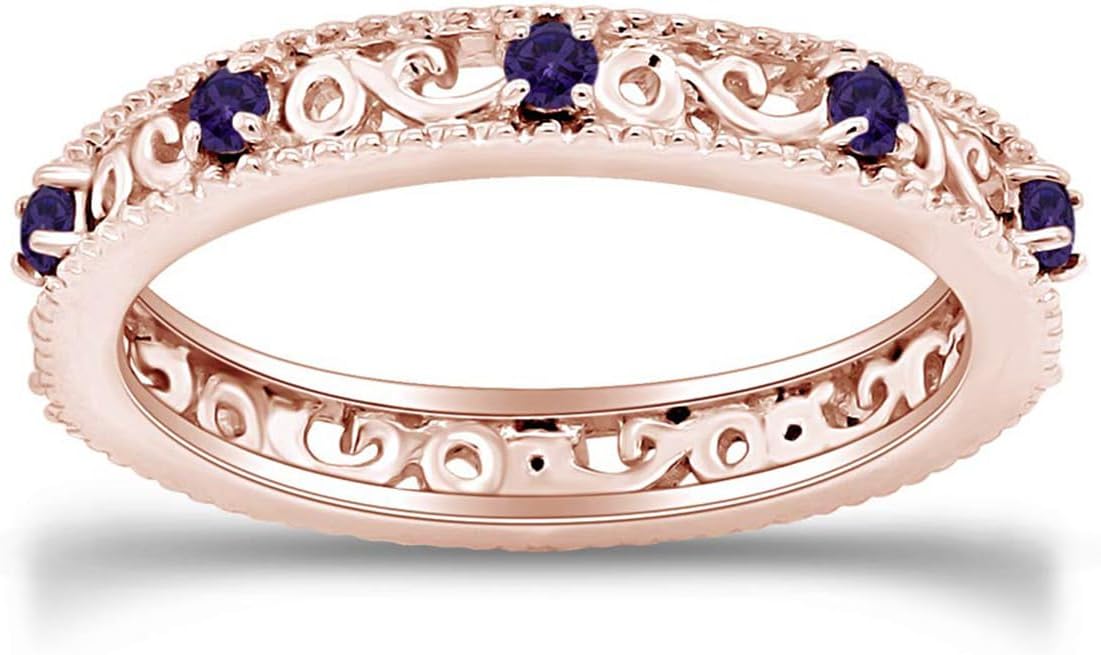 Jewel Zone US Filigree Eternity Wedding Band Ring for Women, Round Cut Simulated Gemstone Stackable Promise Ring in 14K Gold Plated 925 Sterling Silver Band Width 3.5mm – Elegant Jewelry Gift for Her - Image 2