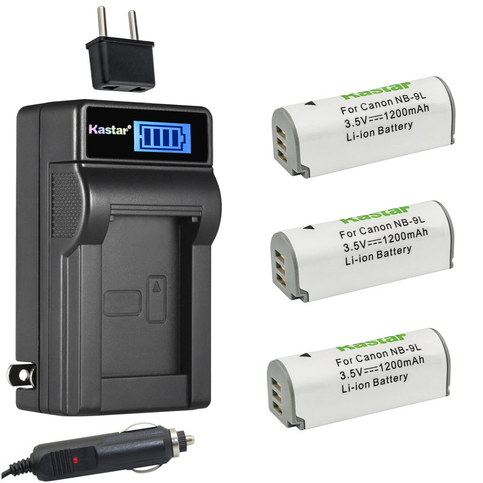 Kastar 3-Pack NB-9L Battery & LCD AC Charger Kit for Canon NB-9L, NB-9LH, CB-2LB, CB-2LBE, Powershot SD4500 IS, IXUS 1000 HS, IXY 50S Digital Camera (