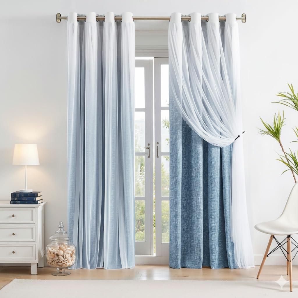 Amzdecor Ombre Full Blackout Curtains with Sheer Overlay Mix and Match Double Layer Drapes Blue White 84 Inch Long Soundproof Grommet Window Treament for Bedroom Living Room Nursery, 2 Panels, 52"x84"