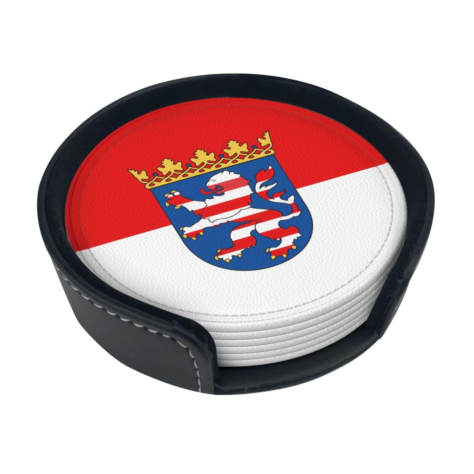 Cntdbu White Flag Of Hesse Leather Coasters Set Of 6-Pu Leather Drink Mats For Table, Heat Resistant Round Coasters With Holder