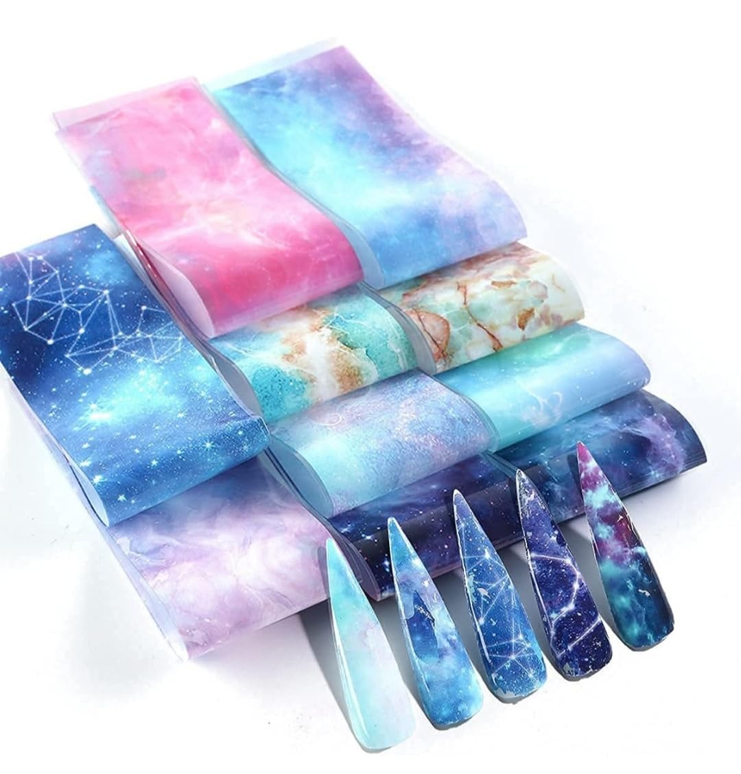 Nail Foil Transfer Stickers Nail Art Supplies, Feelhigh 10 Nail Foils Designs Nail Art Decals for Acrylic Nails Polish Supplies DIY Fingernail Charms Blossom Decorations (Marble Print)