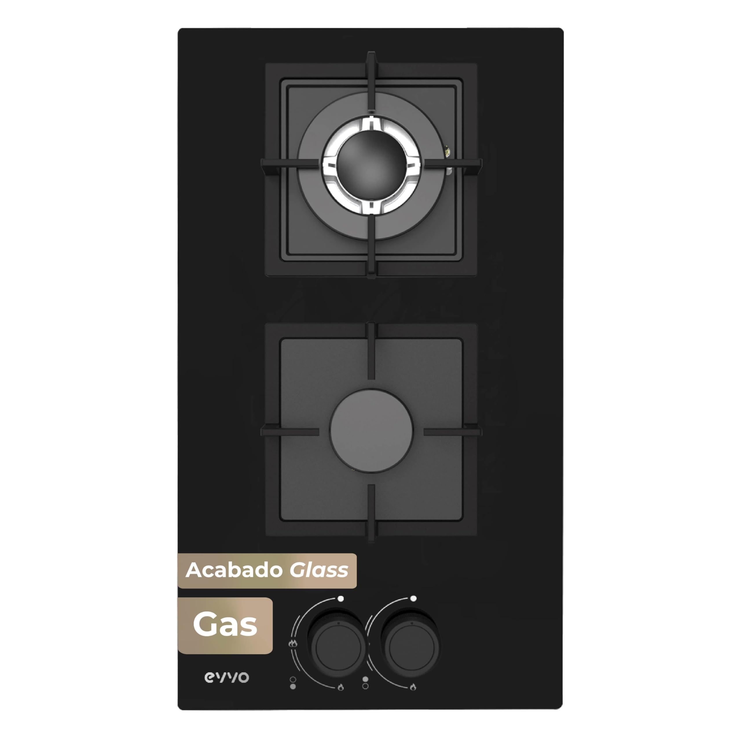 Placa de Gas EVVO V35 Glass, 2 Quemadores (Wok + Semirrápido), 3,6 kW, Cristal Templado Negro, Encendido Eléctrico, Compatible Gas Natural y Butano