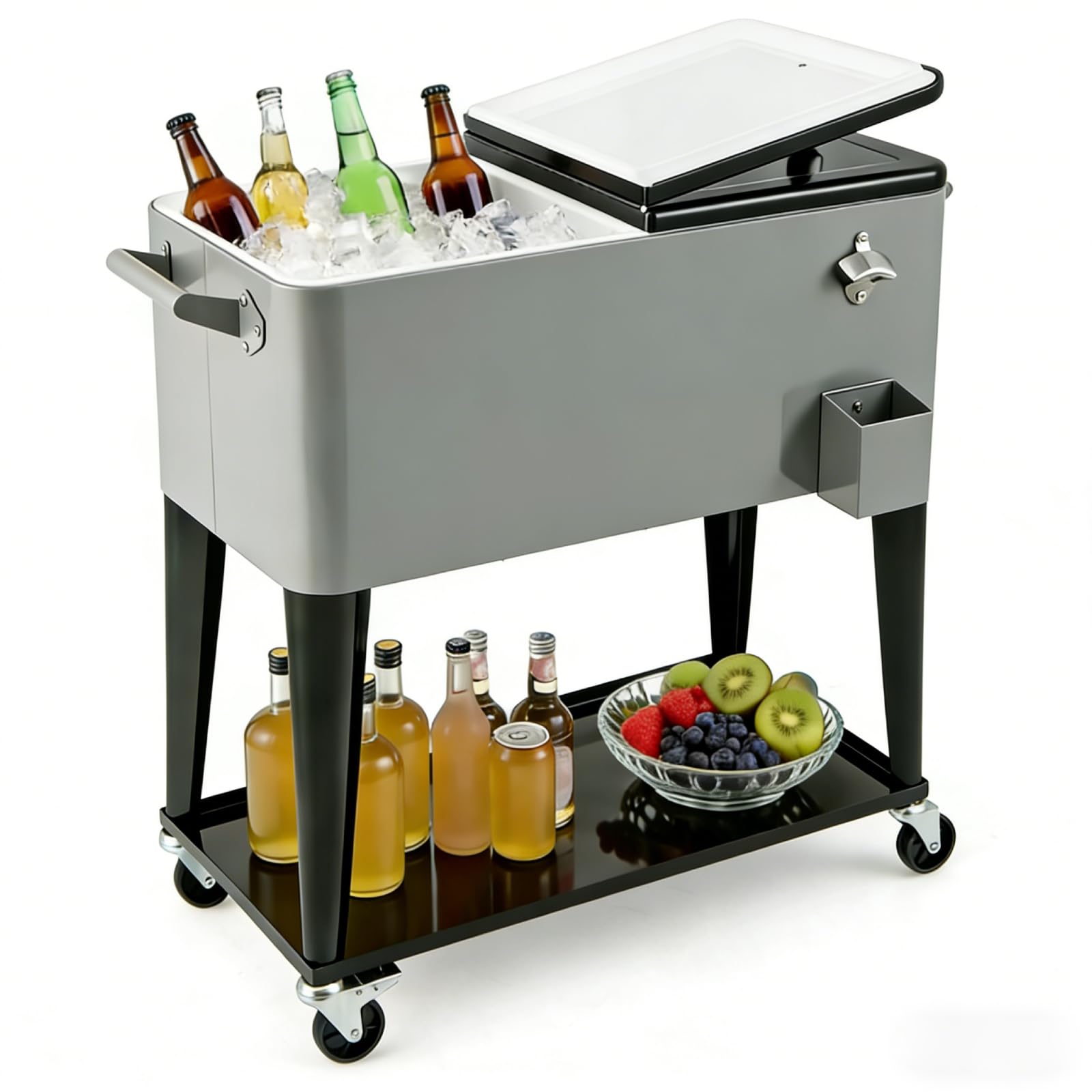 SPOTRAVEL 75L/76L Rolling Cooler Cart, Insulation Ice Chest on Wheels with Shelf, Handles & Bottle Opener, Outdoor Beverage Cooler Serving Trolley for Party Camping (Black + Grey, 91 x 46 x 88 cm) — image 1