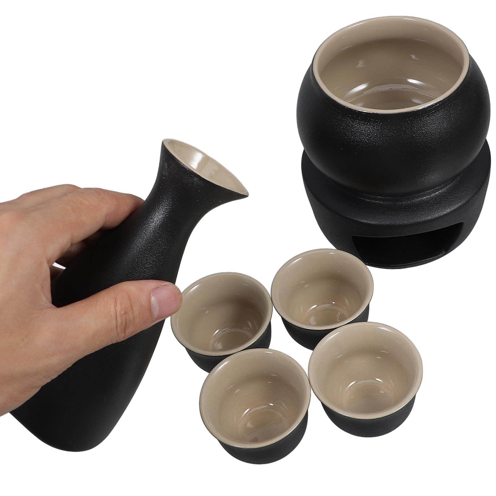 VOSAREA Ensemble de Saké Japonerie Réchauffeur Stable et Facile à Nettoyer en Céramique Noire Tasse 45 ML avec Bouteille Tokkuri 300 ML pour Dégustation Traditionnelle