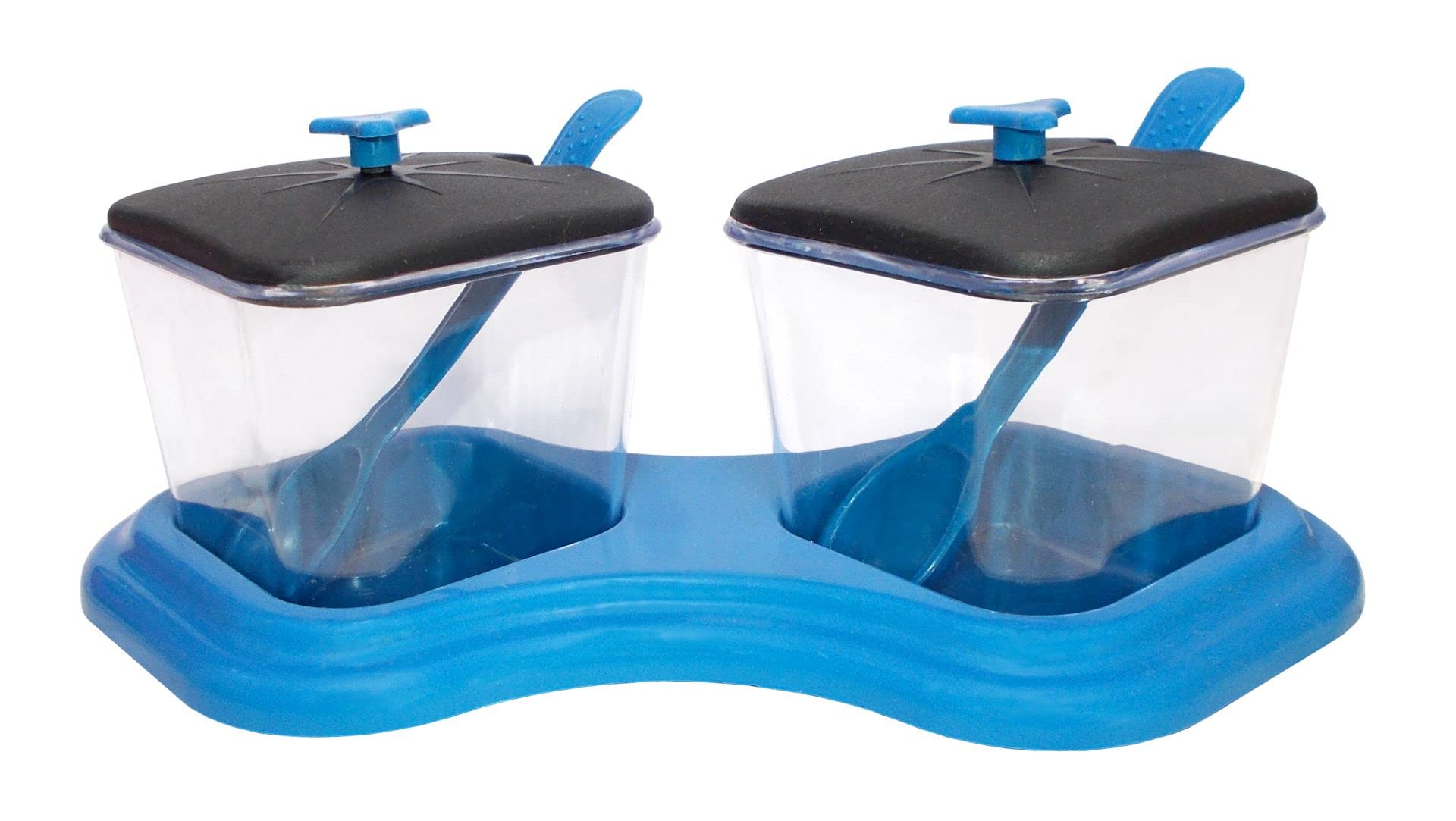Kotak SalesDining Table Stand 2 Pcs Pickle Jar Spice Tray Spoons Virgin Plastic Kitchen Storage Container Serving Salt Pepper Sauces Chutney Masala Mukhwas Aachar Dry Fruit 300ML Each (Blue)