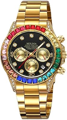 Man Watch Hip Hop Diamond Full Rhinestone Business Mens Watches Waterproof Quartz Wristwatch Chronograph Gold Bracelet