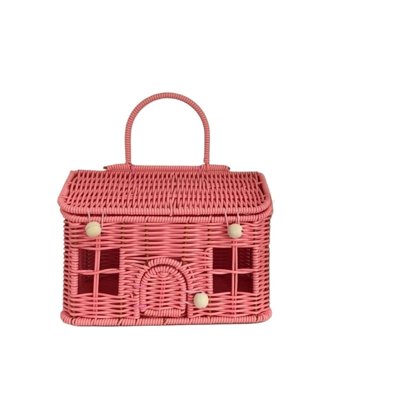 House Shaped Basket House Shaped Rattan Picnic Basket Vintage Imitation Handheld Box with Handle Woven Storage(Pink)