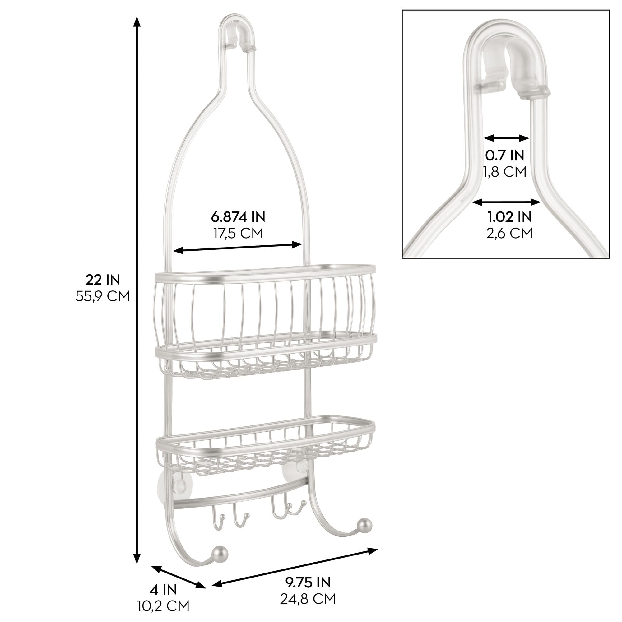 Mensola Doccia IDesign York Lyra Da Appendere Con Ventose, 2 Cestini In Metallo Madreperla E 4 Ganci, Portaoggetti Bagno Antiscivolo, Dimensioni 25,6 X 10,3 X 56 Cm