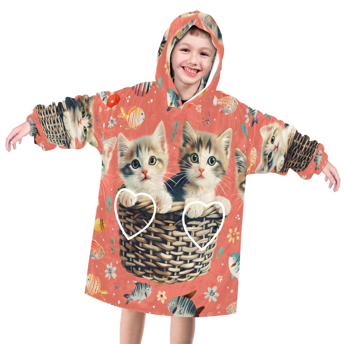 Wearable Blanket Hoodie for Kids, gentle cats Fleece Sweatshirt Blanket Oversized Blanket Sweatshirt with Pocket Flannel Warm Hooded Blanket 6-10 Year Old Girl Boy Gift, One Size