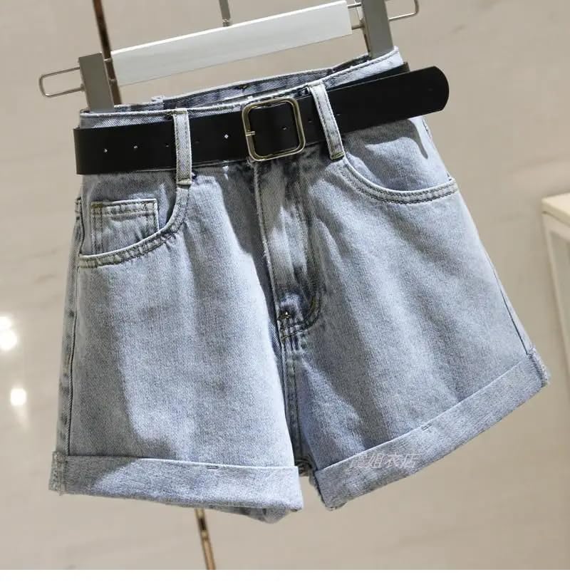 Pantalones cortos de mezclilla casuales de cintura alta para mujer, estilo coreano, gris oscuro, L