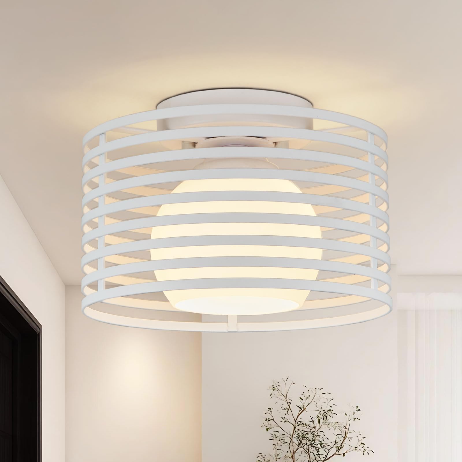 Modern Industrial Semi Flush Mount Ceiling Light 1-Light White Farmhouse Ceiling Light Fixture with Glass Shade Hallway Lighting