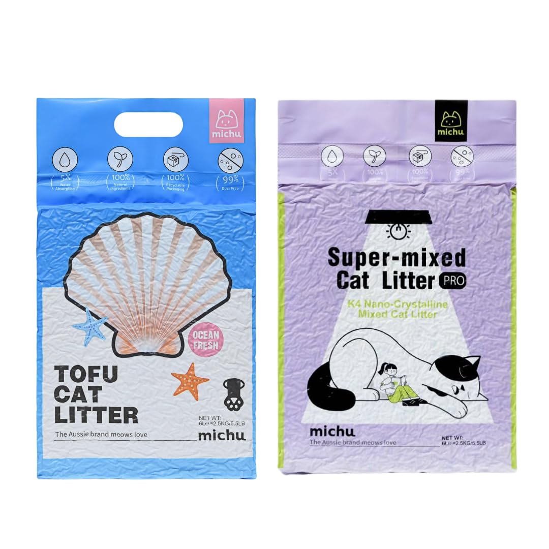 Michu Tofu Cat Litter Natural Clumping Tofu Cat Litter 5.5lb/88oz 5 Scents (Ocean Fresh + Mixed, 2 Pack)