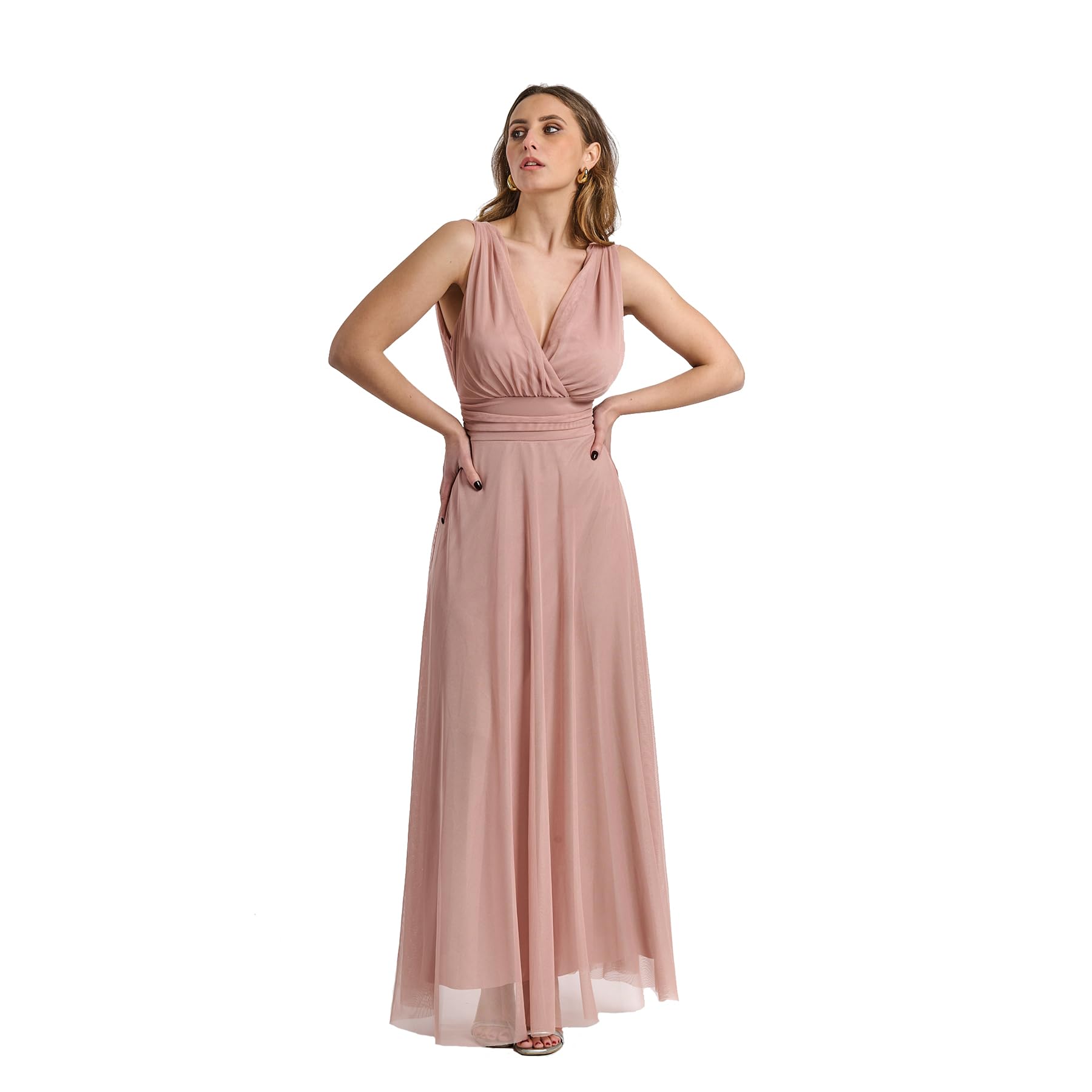 Langes Festkleid für Damen, aus elastischem Tüll mit V-Ausschnitt, hergestellt in Italien