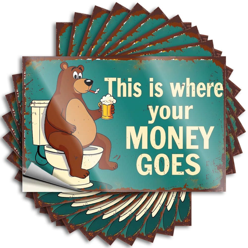 Decal Cottage Core Decorations | Affirmation Hat Bear On Toilet with Beer Saying This is Where Your Money Goes. for Man(8X12CM)