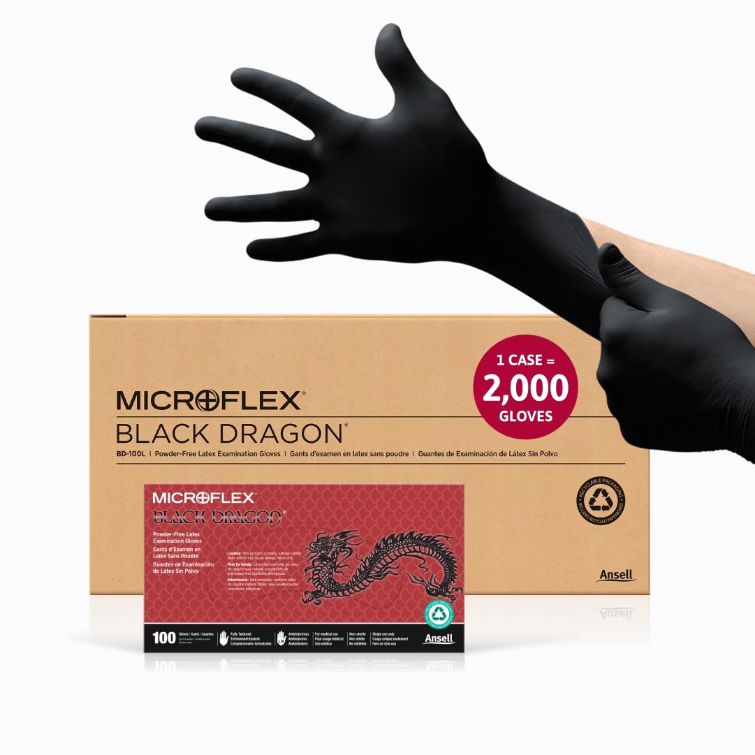AnsellMicroflex Black Dragon BD-100L Heavy Duty 6.7 mil Latex Exam Gloves for Automotive, Food, Life Sciences, Healthcare, Size 9 (L), Black (Case of 2000)