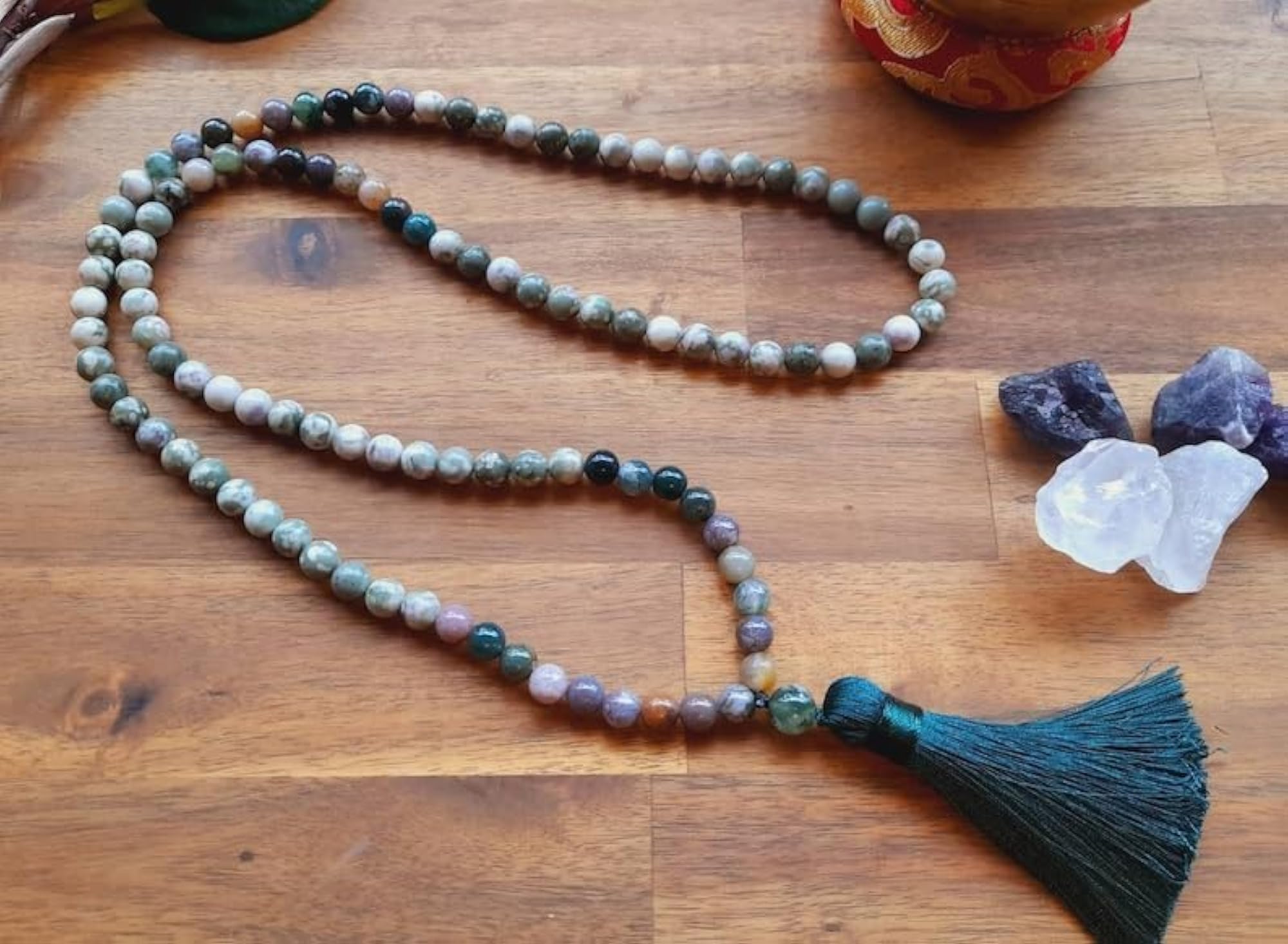 Natural Indian Agate 10MM Beaded Handmade Prayer Mala Necklace