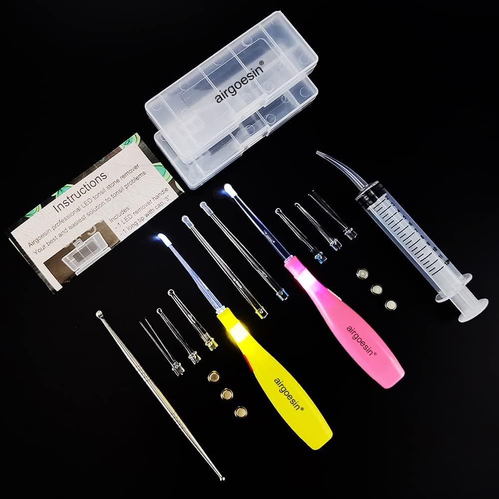 Airgoesin Tonsil Stone Removing Tool LED Light with 1 Stainless Steel Tonsillolith Pick, 1 Irrigation Syringe for Oral Care