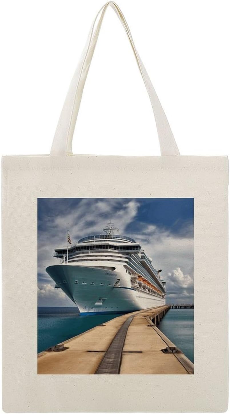 Cruise Ship Cotton Polyester Blend Canvas Carryall Bag | Cruise Ship Reusable Fabric Handbag for Grocery Travel Daily Errands Multipurpose Storage Carry Tote