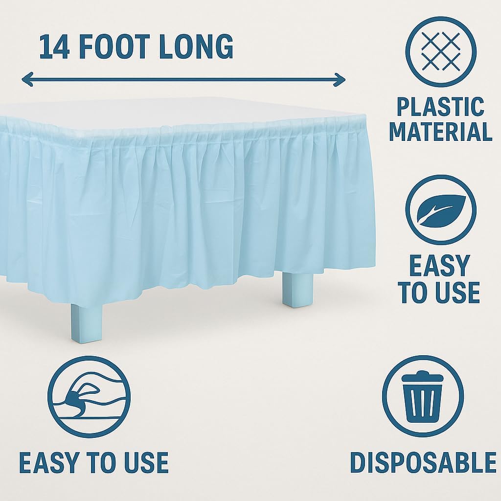 Oojami Plastic Table Skirt 4 Pack for Rectangle Tables 8ft – Disposable, Durable Party Decor with Adhesive Strip for Baby Shower, Birthday, Carnival, Gender Reveal – Light Blue
