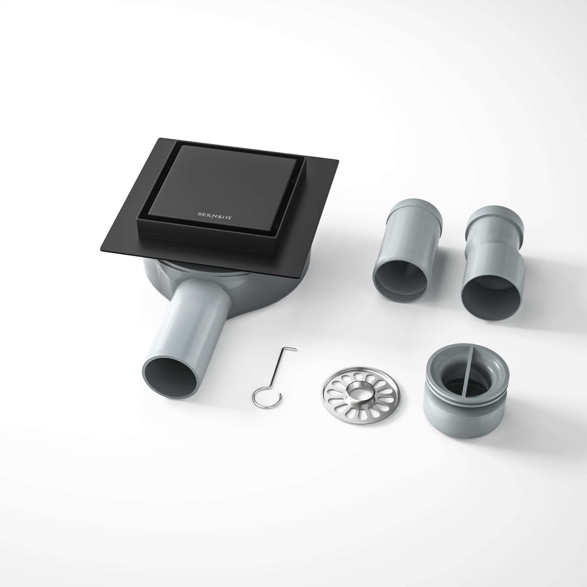 Bernkot Matte Black Floor Drain Shower Stainless Steel, 10 X 10 Cm Shower Drain Square With 360° Siphon, Odour Stop And Hair Filter, 2 In 1, Tileable Shower Drain, Flat Drain Channel, 2 Drain Adapters Dn50 Dn40