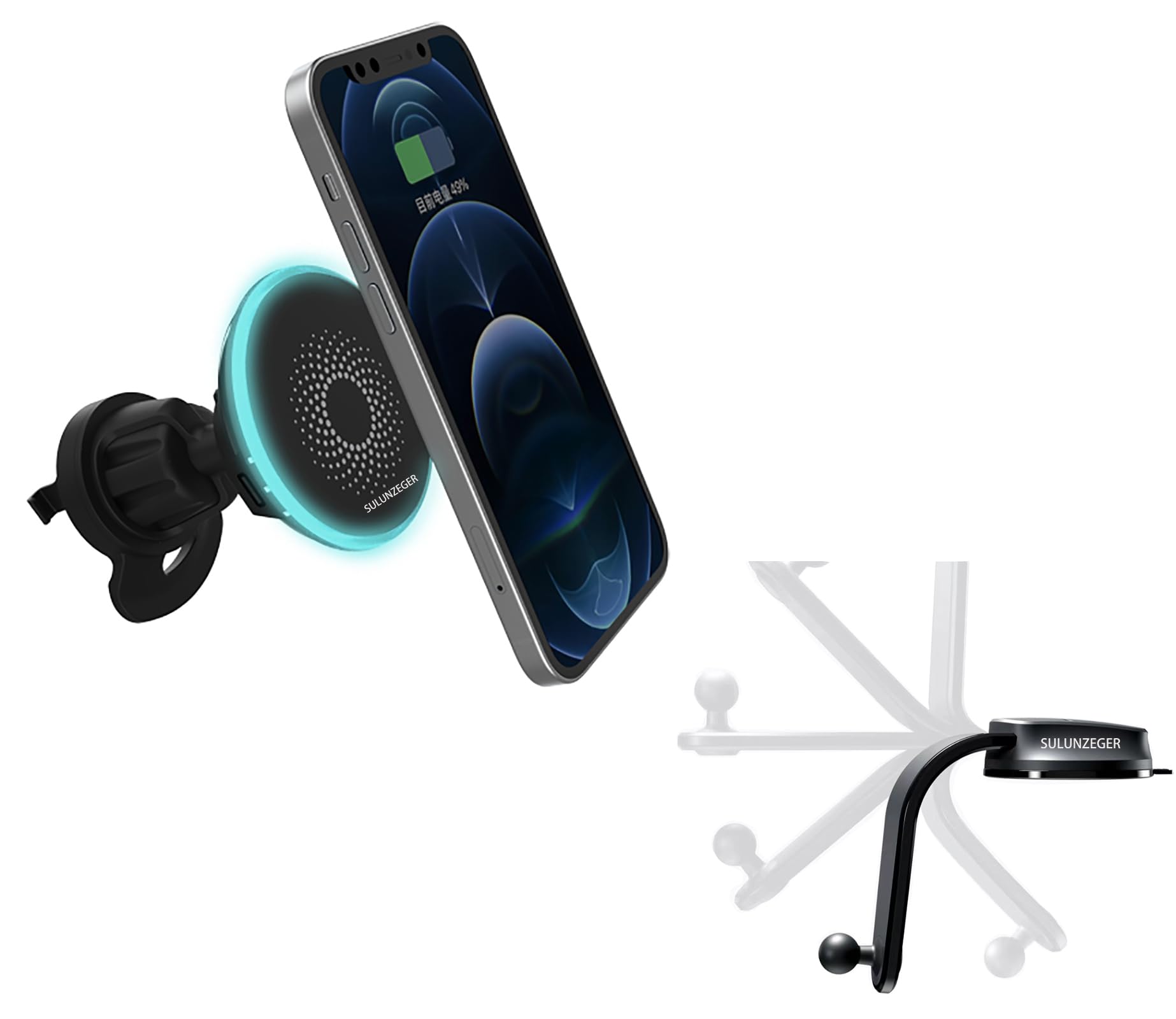 SULUNZEGERCar Phone Holder, Wireless Charger Compatible with Magsafe, 15W Magnetic Mobile Mount with Ambient Light for iPhone 15/14/13/12, (Black) (Air Vent and Dashboard)