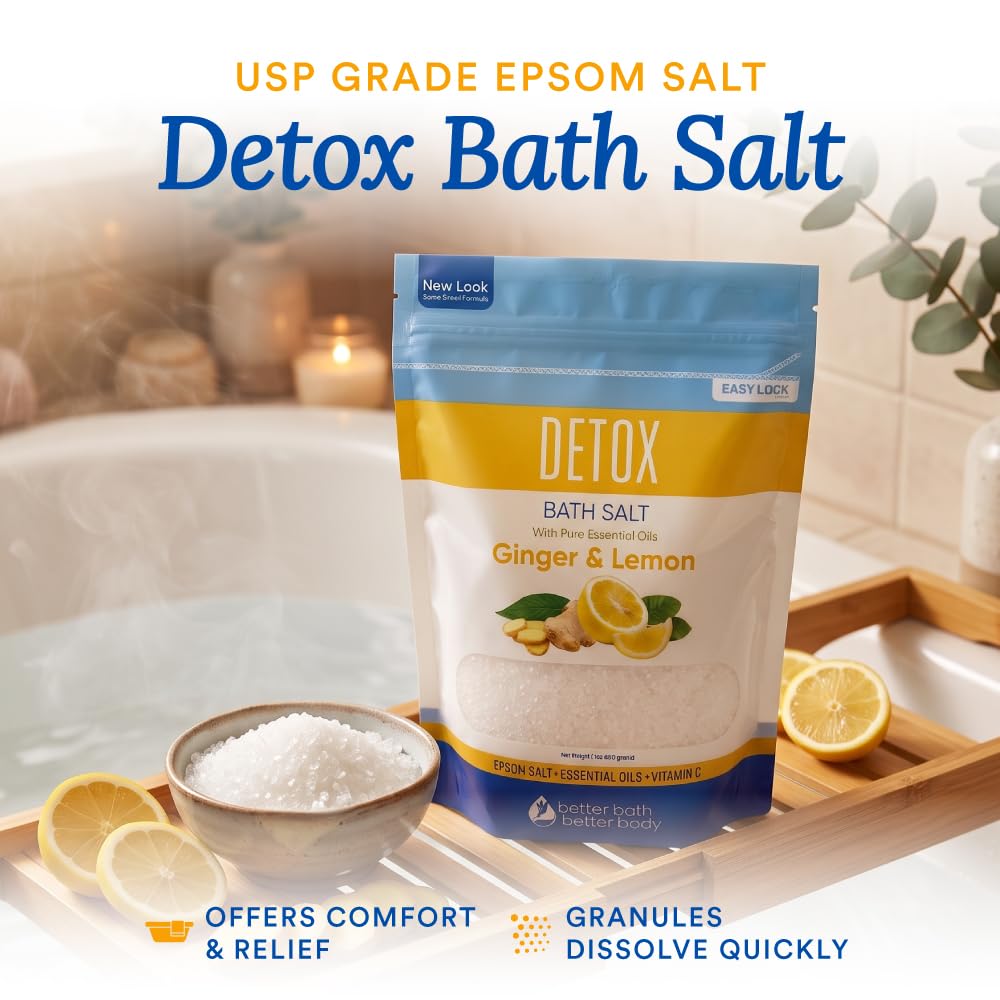 Sels de bain détox 907 ml de sel d'Epsom aux huiles essentielles naturelles de gingembre et de citron plus vitamine C dans un sac sans BPA avec fermeture éclair