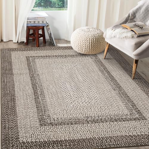 GAOMON Braided Collection Area Rug 5x7 Modern Rug Washable Rugs Navy Vintage Country Cottage Floor Carpet Low Pile Non Slip Indoor Throw Carpet for Living Room Bedroom Non-Shedding Aesthetic Tan