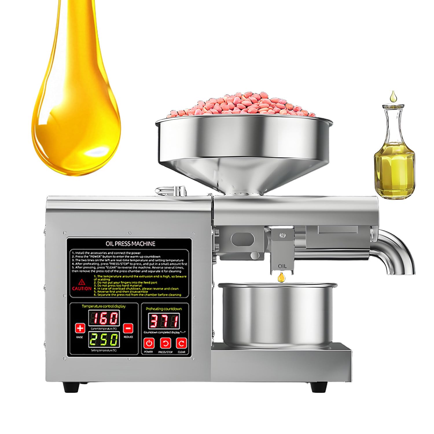 Máquina eléctrica de prensa de aceite de 1100 W - Extractor de aceite frío y caliente, acero inoxidable de grado alimenticio, tolva de 6 L, alto rendimiento de aceite, fabricante de aceite eficiente