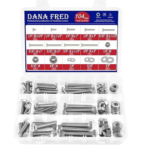 Kit de 104 tornillos y tuercas de acero inoxidable 304, juego surtido de pernos y tuercas hexagonales, 14-20,516-18,38-16,15 tamaños de tornillos de