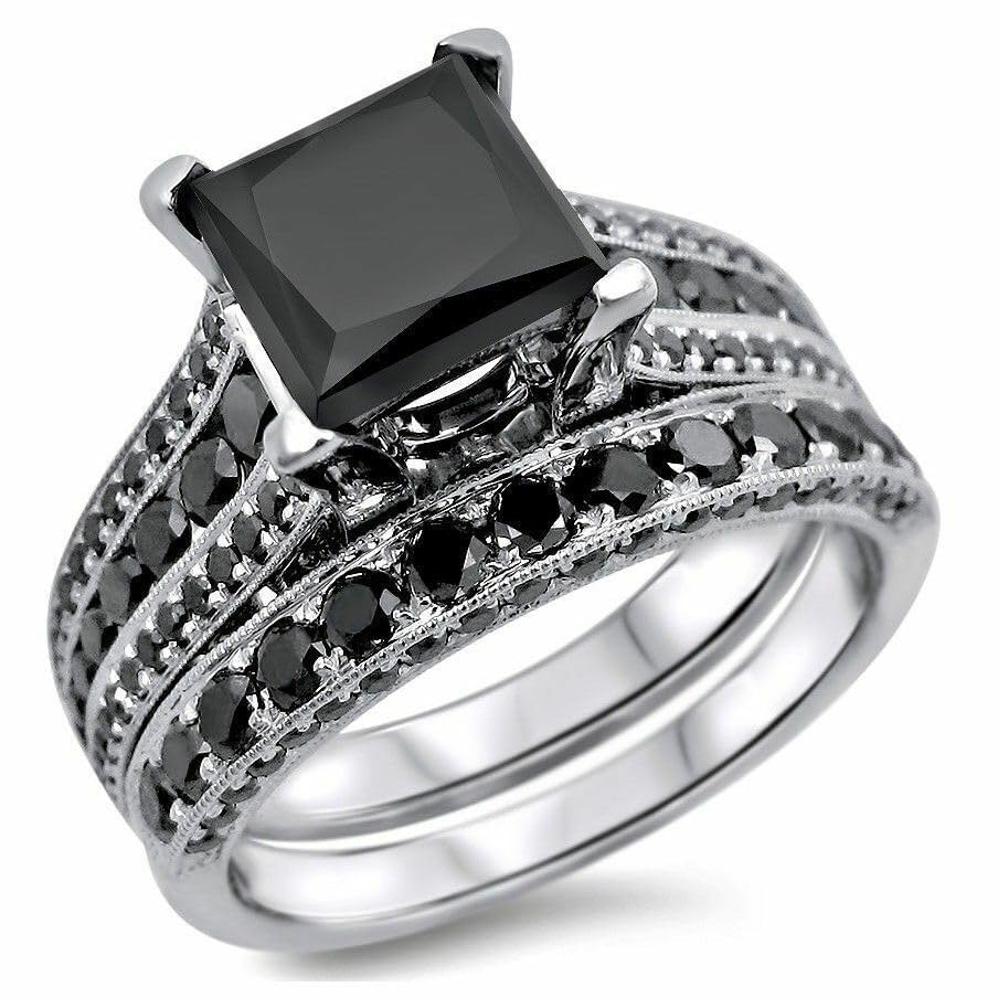 Santosh-Enterprises - 3Ct Princess Cut Lab Created Black Diamond Sterling Silver 925 Bridal-Sets Engagement Ring 14k White Gold Finish4