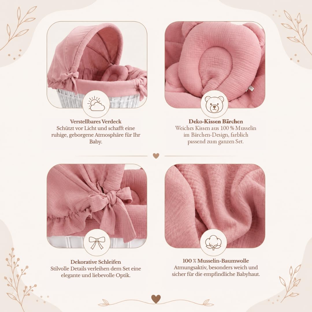 Wiklinopol Baby Bettwäsche Set 5-teilig Musselin Verdeck 110 cm Rosa | Stubenwagen Bezug Set, Babybettwäsche aus 100% Baumwolle, Decke 70x80 cm, Kissen 25x30 cm, Spannbettlaken, Einlage Ø 260 cm