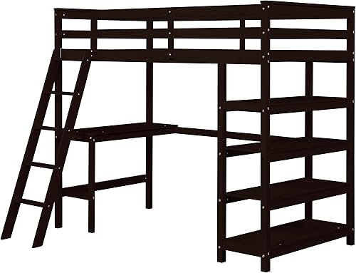 Miniatura 4 de ODC Cama tipo loft individual con escritorio y estantería para adolescentes y adultos marco de cama alto de madera maciza con escalera