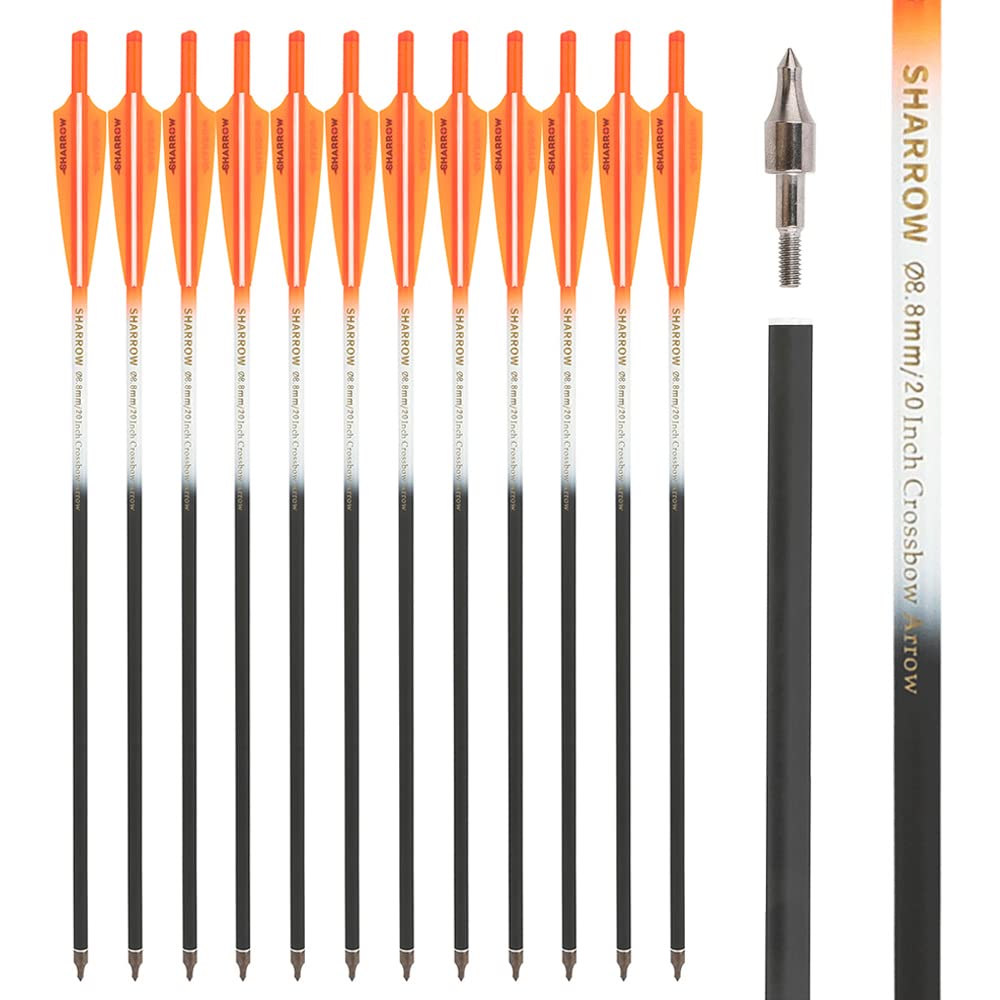 SHARROW Archery Carbon Crossbow Bolts Arrows 16 17 18 20 22 Inch Carbon Arrows with 4" Vanes 125 Grains Replaceable Field Point for Crossbow Hunting Shooting (Orange, 18")