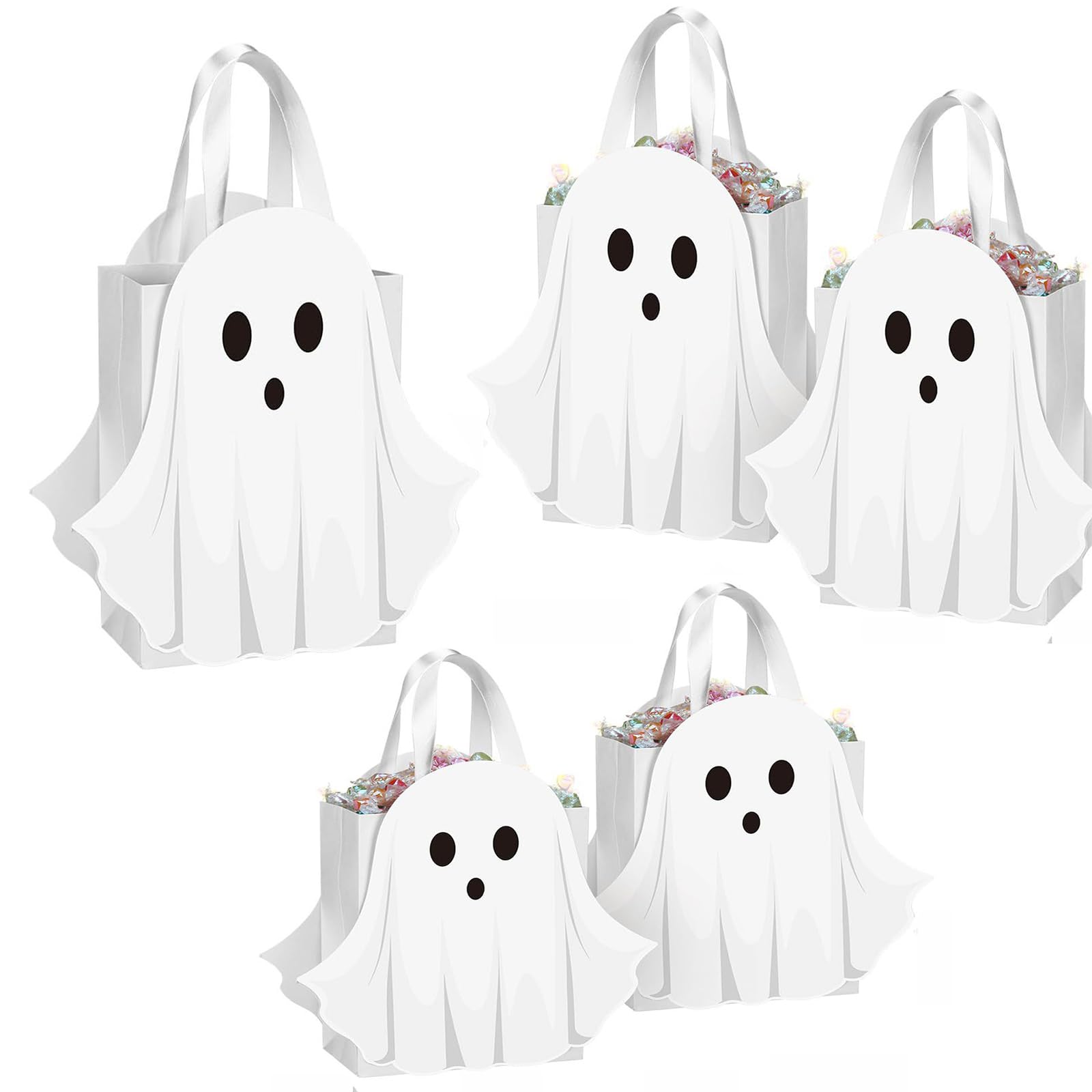 Bubaxuce 5 White Halloween Theme Ghost Candy Bags, Halloween Candy Bags for Gift Wrapping for Children's Parties, Surprise Bags for Halloween Parties and Party Favours